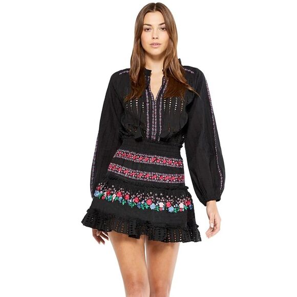 Misa Manuela Floral Embroidered Black Long Sleeve Dress Size Large - Picture 1 of 10